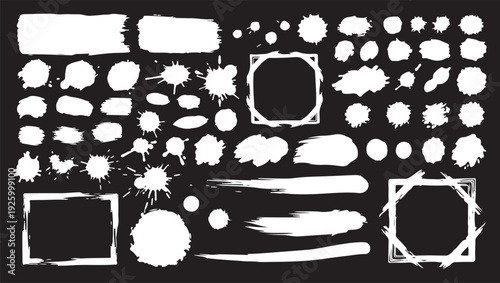 Abstract grunge paint brush stroke set. Graphic element design with ink splatter or splash, circle, line and frame. Creative vector shape or background art illustration