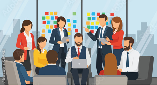 Dynamic team collaboration in a modern office meeting, discussing project strategies and brainstorming new ideas effectively