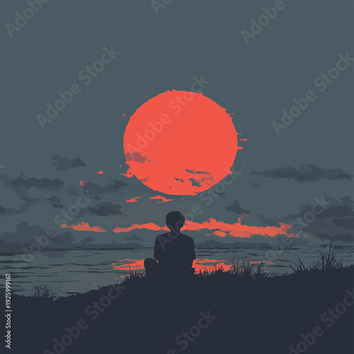 Melancholic Youth Watching Sunset Alone , vector style simple color