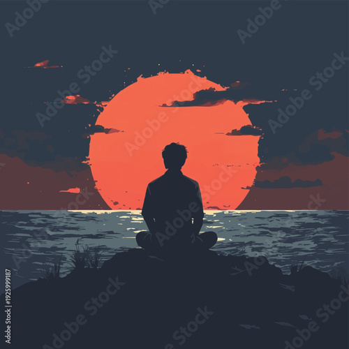 Melancholic Youth Watching Sunset Alone , vector style simple color