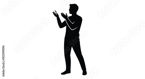 A dynamic black silhouette vector illustration features a standing man gesturing with raised open hands, presenting an idea or explaining a concept in modern graphic design artwork.