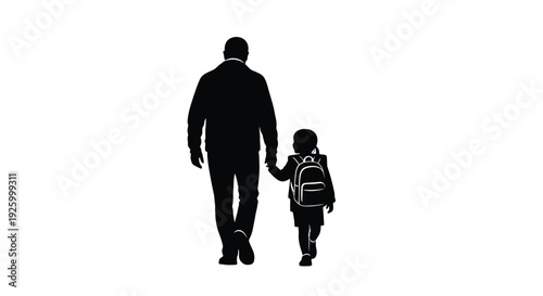 Black silhouette vector illustration of a father walking and holding hands with his young daughter wearing a backpack on her back