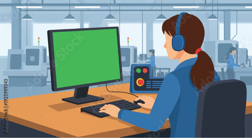 A person wearing headphones works on a computer in an industrial setting with machinery in the background