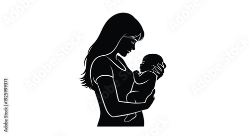 A beautiful stylized vector illustration capturing the tender moment of a loving mother gently cradling her newborn baby with profound affection and care.
