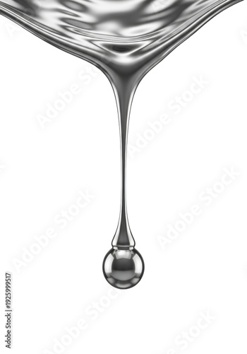 Highly viscous liquid silver, molten chrome-like, mid-drip with a perfectly spherical, reflective droplet suspended, against a transparent studio background with negative space. Concept for high-tech