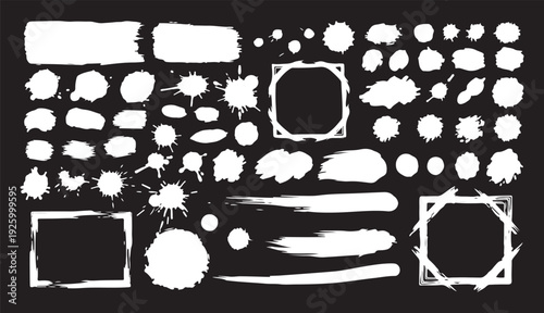 Abstract grunge paint brush stroke set. Graphic element design with ink splatter or splash, circle, line and frame. Creative vector shape or background art illustration