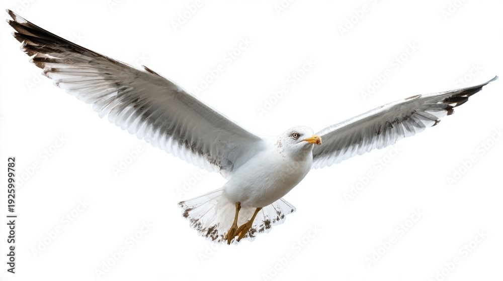 Fototapeta premium Seagull soaring in clear blue sky.