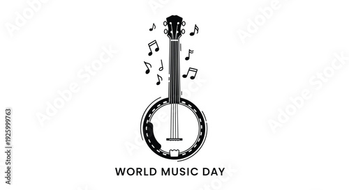 World Music Day banjo icon with music notes
