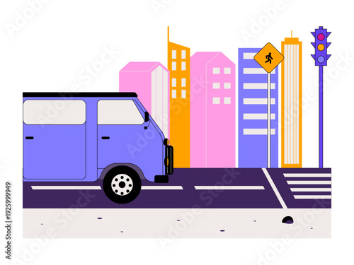 A purple van drives past colorful modern buildings, accompanied by traffic lights and crosswalk signs. Traffic illustration. Flat vector illustration.