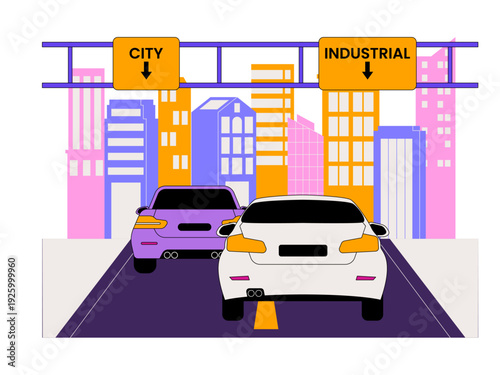 Traffic view on a city highway with buildings in the background and two cars driving on the road. Traffic illustration. Flat vector illustration.
