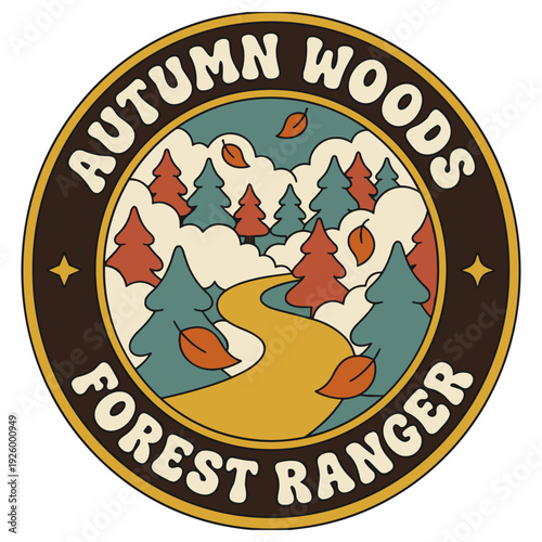 Retro Autumn Woods Forest Ranger Badge with Misty Pine Forest Path