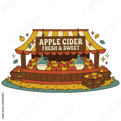 Retro Apple Cider Stand with Fresh Apples and Sweet Cider Jugs
