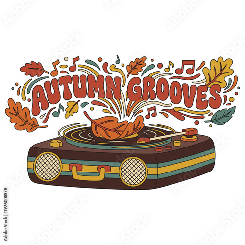 Retro Vinyl Record Player with Autumn Leaf and Music Notes Illustration