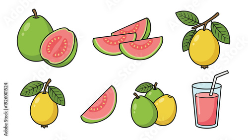 Guava Fruit Icons Set Cartoon Style Whole Cut Slice Juice and Leaves