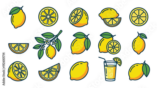 Lemon Fruit Icons Set Cartoon Style Whole Slice Wedge and Juice