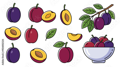 Plum Fruit Icons Set Whole Half Slice Leaf Bowl