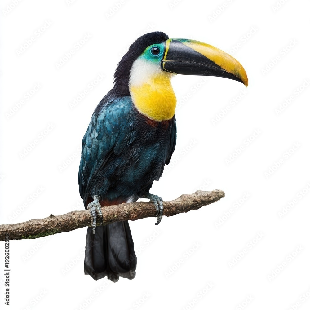 Obraz premium Colorful toucan perched on a tree branch.