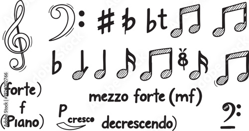 Musical notes stave line pattern symbols icon for staff and music note theme Transparent background wave Piano, jazz sound notes Fun vector key sign Classic clef Doodle