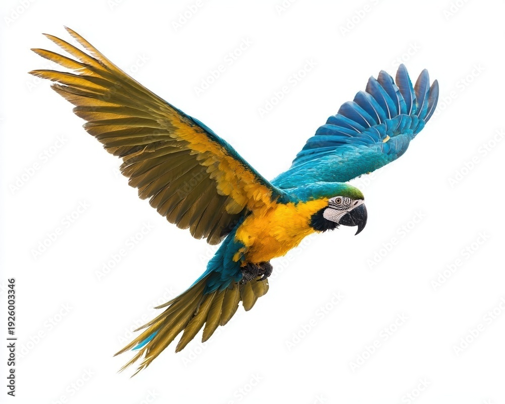 Fototapeta premium Colorful parrot soaring through the sky.