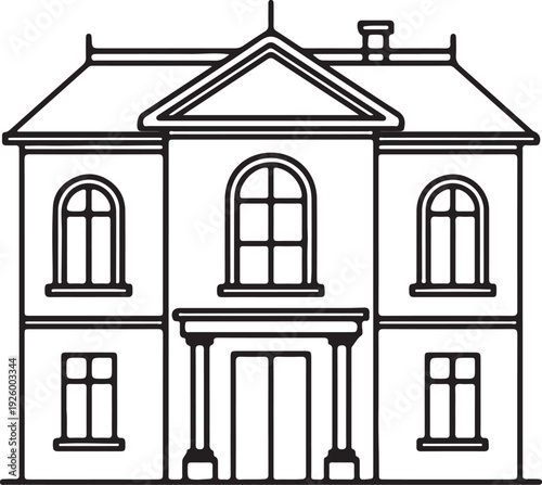 Classic mansion building icon featuring ornate symmetrical architecture with grand entrance columns arched windows, and gabled roof representing a luxury historical estate and heritage property design