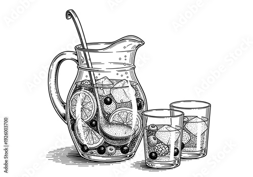 Vintage engraving style illustration of a glass pitcher and tumblers filled with ice cold fruit punch or lemonade