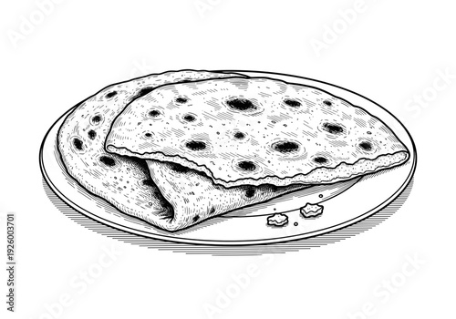 Hand drawn sketch of traditional flatbread or naan stack on a plate for bakery menu or rustic cuisine illustration