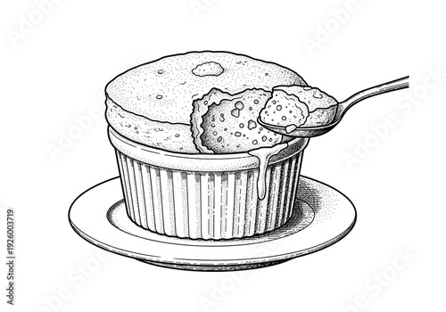 Delicious lemon souffle dessert in a ramekin being scooped with a spoon in a detailed hand drawn engraving style