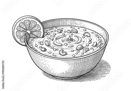 Hot bowl of thick lentil soup with a lemon slice garnish for comfort food menu design or culinary illustration