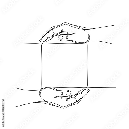 Minimalist line art vector of two human hands gesturing protection and care for charity support or insurance safety concept