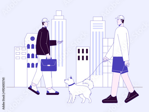 Two individuals walking in a city environment, featuring one man carrying a bag and the other man walking a dog. City life illustrations. Flat vector concepts.
