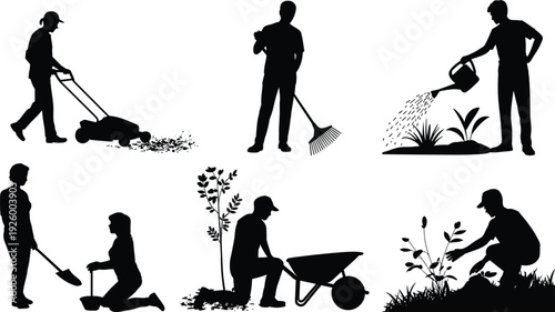 Gardening activity silhouettes vector set, people mowing lawn, raking leaves, watering plants and planting tree isolated on white background, landscaping concept illustration
