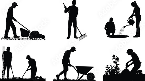 Gardening people silhouettes vector collection, men and women mowing lawn, raking leaves, watering plants and planting isolated on white background
