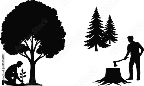 Tree planting and logging silhouettes vector illustration, man planting sapling and lumberjack cutting stump isolated on white background, environmental concept