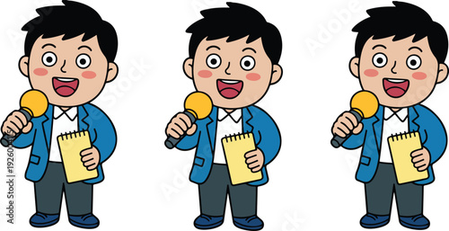 A cartoon illustration of a young Asian boy speaker in a blue blazer and white collared shirt, standing against a plain white background
