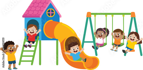 A cartoon illustration of a playground scene with a blue and pink playhouse structure