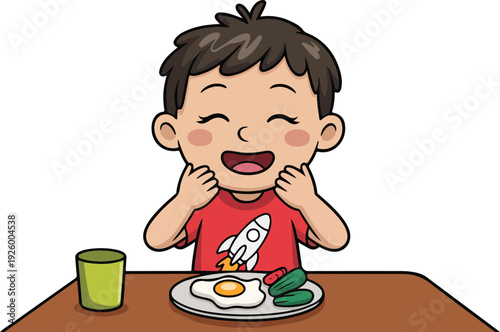 A cartoon illustration of a young boy with black hair and rosy cheeks sitting at a brown table, expressing extreme joy with hands covering his face and a wide-open mouth showing excitement.