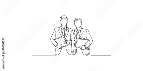 Minimalist continuous line drawing of two professional businessmen in suits holding documents.