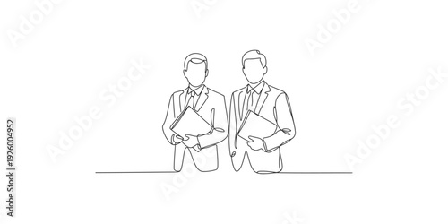 Two businessmen in suits holding folders in a minimalist line art style on a white background.