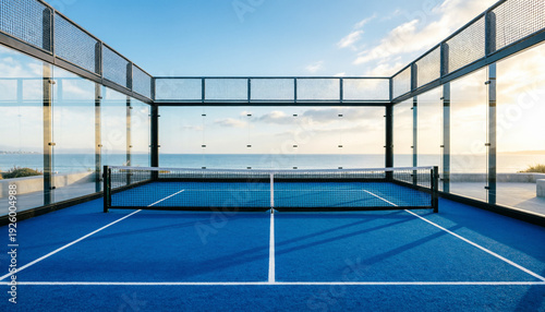 Seaside Padel Court at Sunset with Glass Enclosure and Ocean View