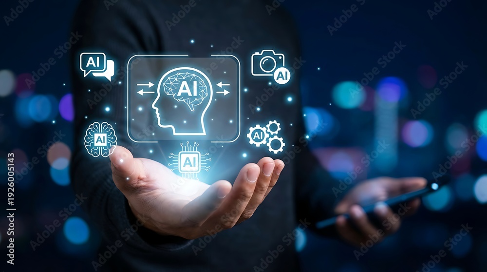 Fototapeta premium Human hand displaying glowing artificial intelligence icons, representing digital innovation and machine learning technology.