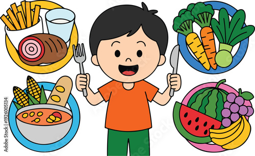 A cartoon illustration of a balanced meal concept with a central character in an orange t-shirt and green pants holding a fork and spoon.