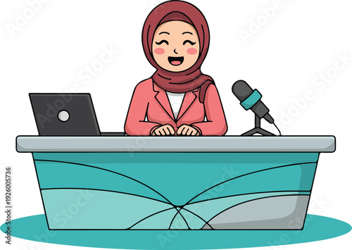 A cartoon illustration of a news desk setup with a light blue desk and a turquoise wavy pattern on its base.