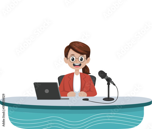 A flat, cartoon-style illustration of a news desk setup with a light gray desk and turquoise wavy base.