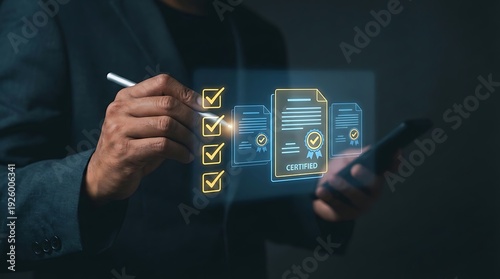 Professional is digitally verifying completion of certification requirements using a stylus and glowing interface
