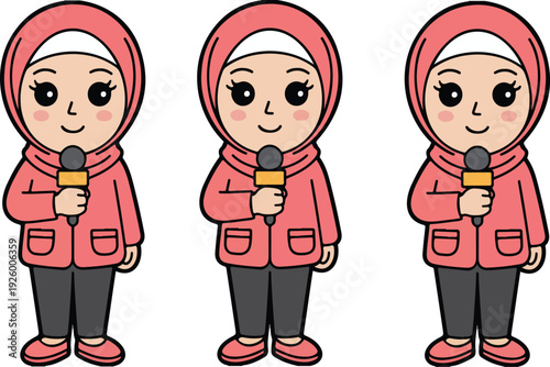 A cartoon illustration of a news reporter in a pink hijab and matching pink blazer with two front pockets.