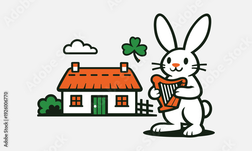 Whimsical rabbit playing harp near cozy cottage on St. Patrick's Day