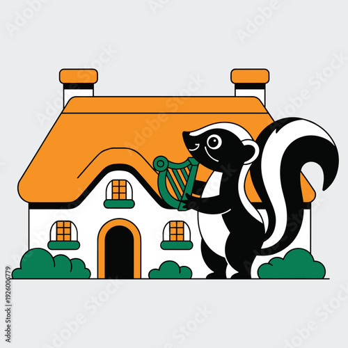 Whimsical skunk playing harp in front of charming house