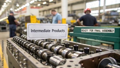 Industrial machinery parts labeled Intermediate Products in factory