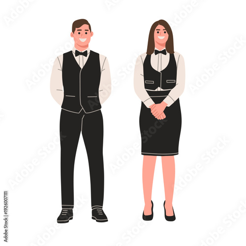 vector illustration of male and female waiters wearing formal black and white uniforms with bow ties. Perfect for restaurant service, hospitality industry, catering staff, fine dining, customer servic