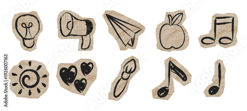 Cardboard Cutout Doodle Icons Collection Hand Drawn Vector Set